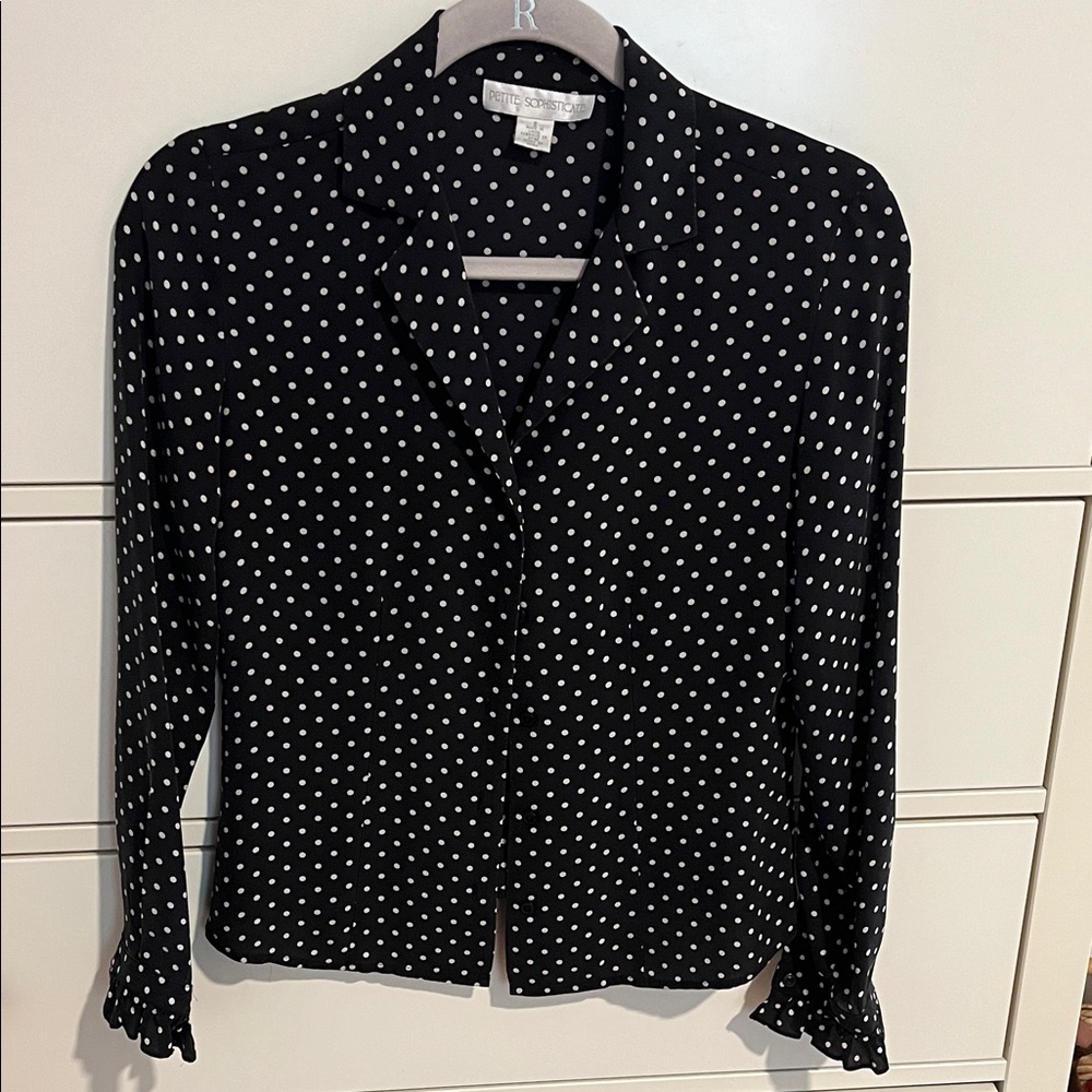 Petite Sophisticate Black and White Polka Dot Button Down Shirt